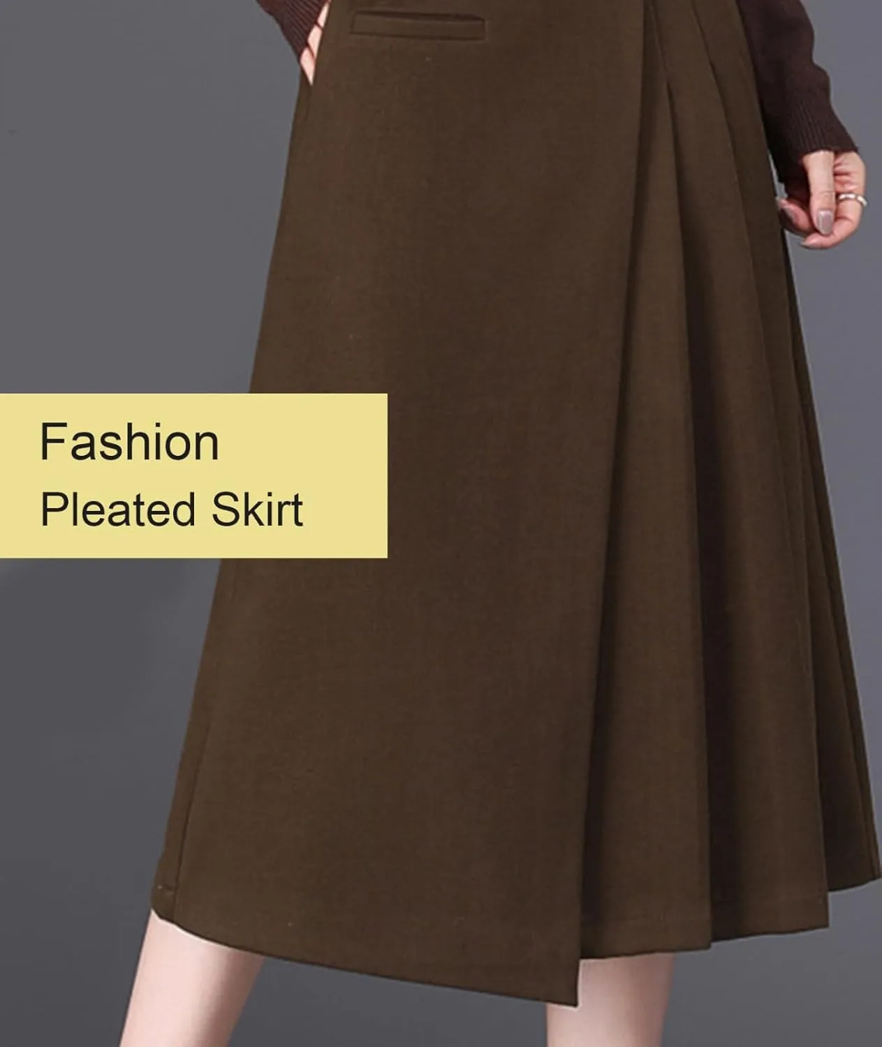 Womens High Waist Irregular A-Line Wool Skirt Winter Elastic Waist Pleated Midi Skirt for Casual Work