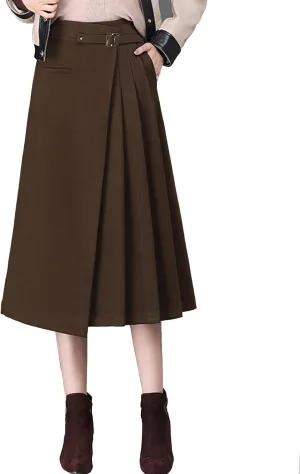 Womens High Waist Irregular A-Line Wool Skirt Winter Elastic Waist Pleated Midi Skirt for Casual Work
