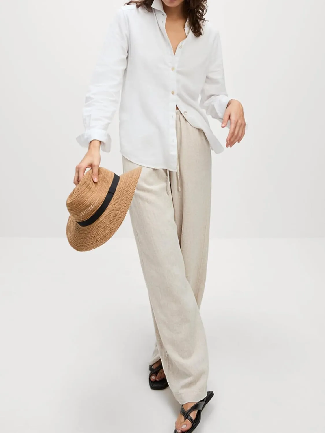 Women's High Waist Wide Leg Linen Blend Pants, Relaxed Beach Trousers with Side Pockets, Fit for Casual Wear