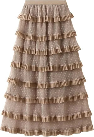 Women's Layered Tulle Skirt High Waisted A Line Mesh Pleated Fluffy Fairy Midi Skirts