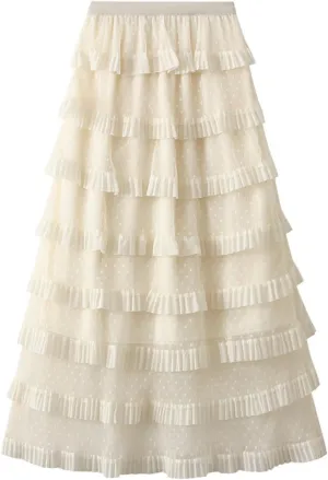 Women's Layered Tulle Skirt High Waisted A Line Mesh Pleated Fluffy Fairy Midi Skirts