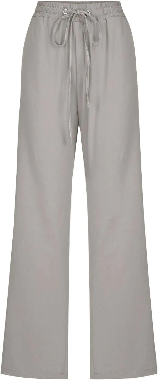 Womens Linen Cotton Solid Pants Drawstring Elastic Waisted Straight Leg Pant Summer Travel Casual Trousers