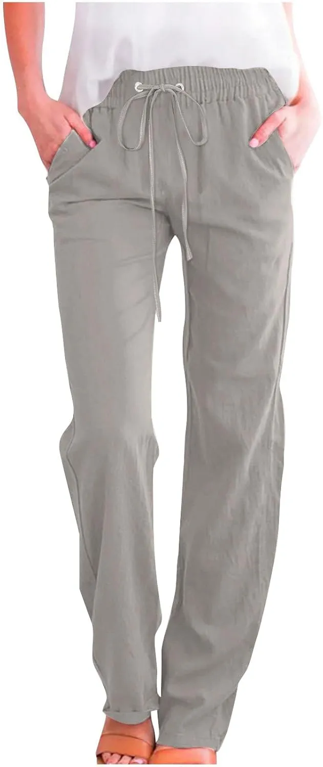 Womens Linen Cotton Solid Pants Drawstring Elastic Waisted Straight Leg Pant Summer Travel Casual Trousers