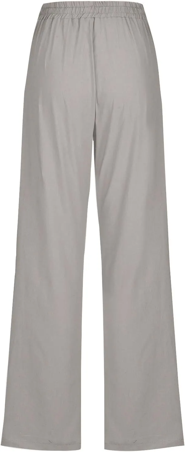 Womens Linen Cotton Solid Pants Drawstring Elastic Waisted Straight Leg Pant Summer Travel Casual Trousers