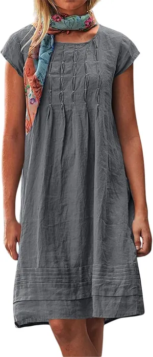 Womens Linen Dresses Trendy Plus Size Summer Short Sleeve Midi Dress Casual Elegant Smocked Flowy Knee Length Dress