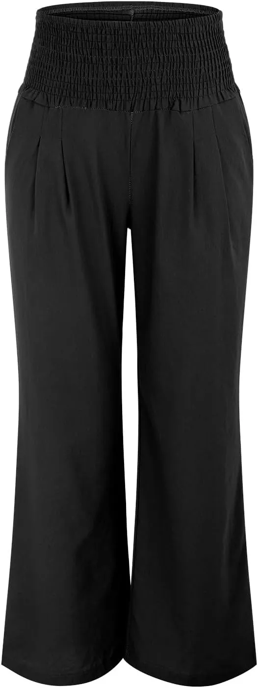 Womens Linen Solid Palazzo Pants Elastic high Waisted Wide Leg Pant Summer Comfy Trousers Vacation Outfits
