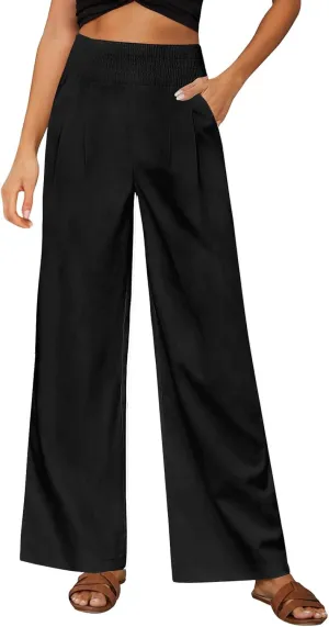 Womens Linen Solid Palazzo Pants Elastic high Waisted Wide Leg Pant Summer Comfy Trousers Vacation Outfits