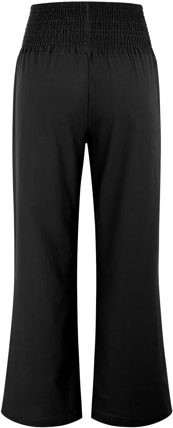 Womens Linen Solid Palazzo Pants Elastic high Waisted Wide Leg Pant Summer Comfy Trousers Vacation Outfits