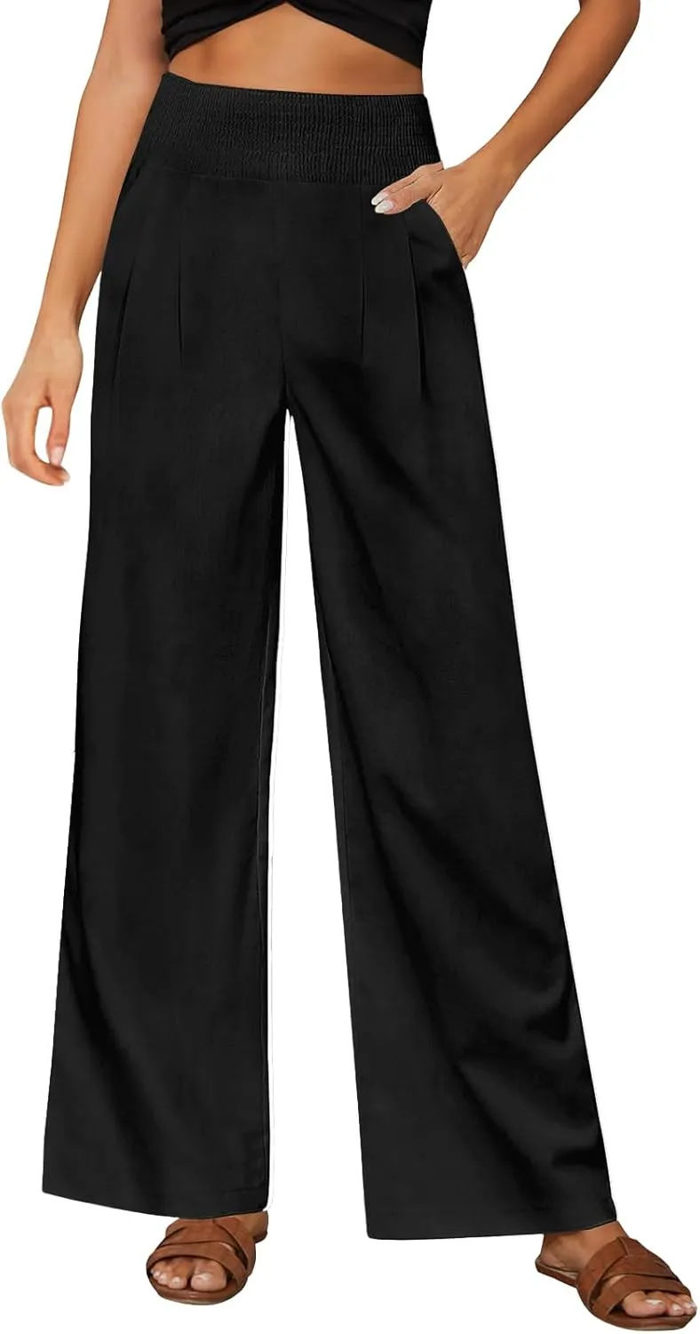 Womens Linen Solid Palazzo Pants Elastic high Waisted Wide Leg Pant Summer Comfy Trousers Vacation Outfits