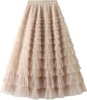 Women's Long Maxi Tulle Skirts A Line Ruffle High Waisted Tiered Layered Mesh Tutu Skirt Petticoat Costumes