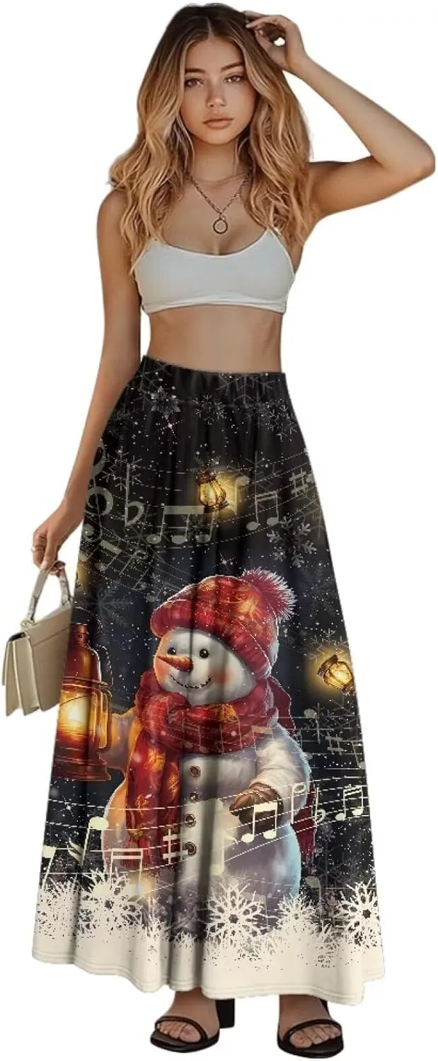 Women's Long Skirts Elastic High Waist A line Maxi Skirt with Pockets Summer Bohemian Printed Skirt Size S-2XL
