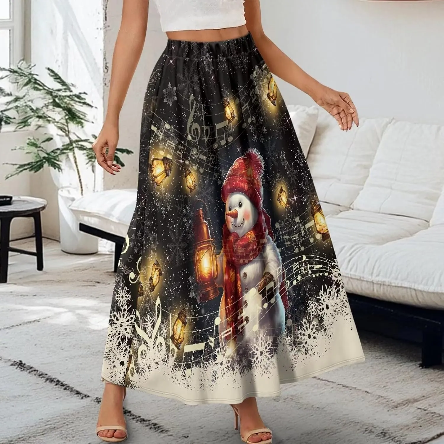 Women's Long Skirts Elastic High Waist A line Maxi Skirt with Pockets Summer Bohemian Printed Skirt Size S-2XL