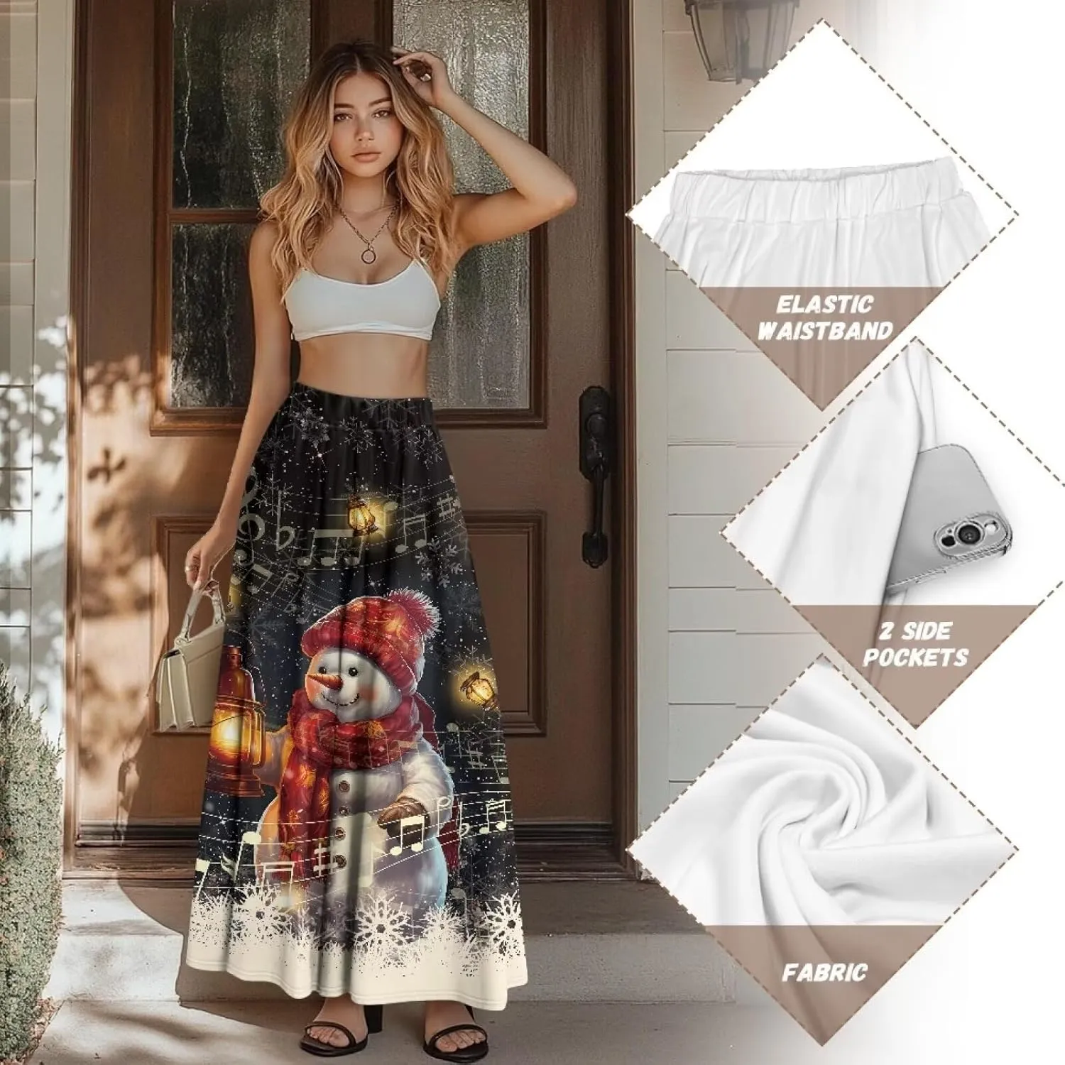 Women's Long Skirts Elastic High Waist A line Maxi Skirt with Pockets Summer Bohemian Printed Skirt Size S-2XL