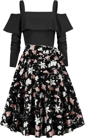 Womens Long Sleeve Floral Dress Sexy Elegant Off Shoulder Ruffle Pleated Causal Dress Funny Floral Print Fall Dresses