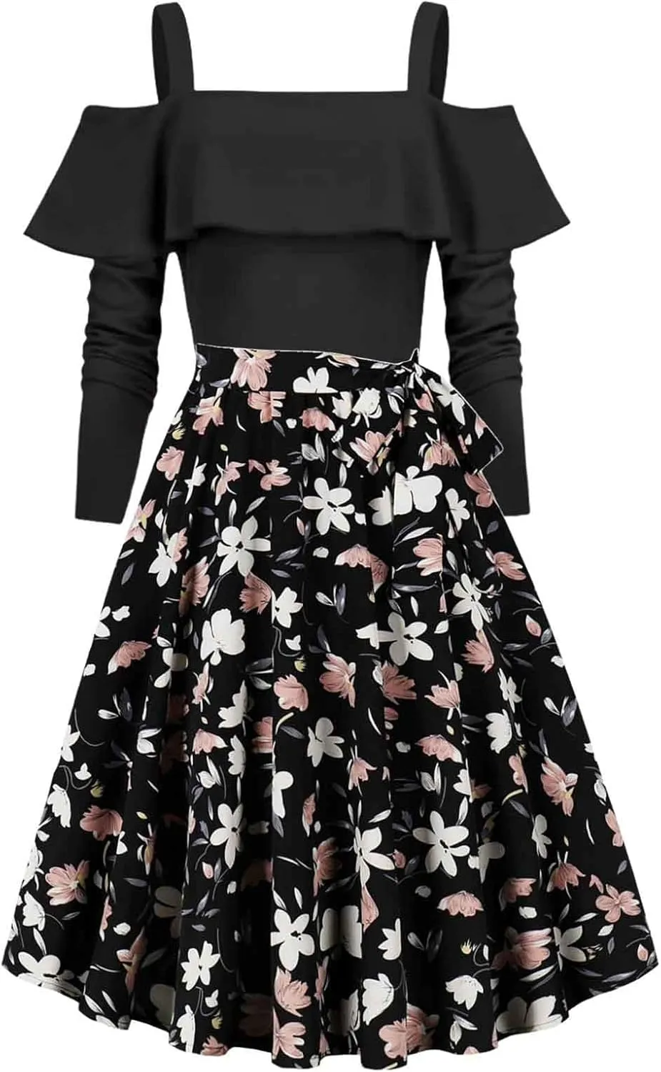 Womens Long Sleeve Floral Dress Sexy Elegant Off Shoulder Ruffle Pleated Causal Dress Funny Floral Print Fall Dresses