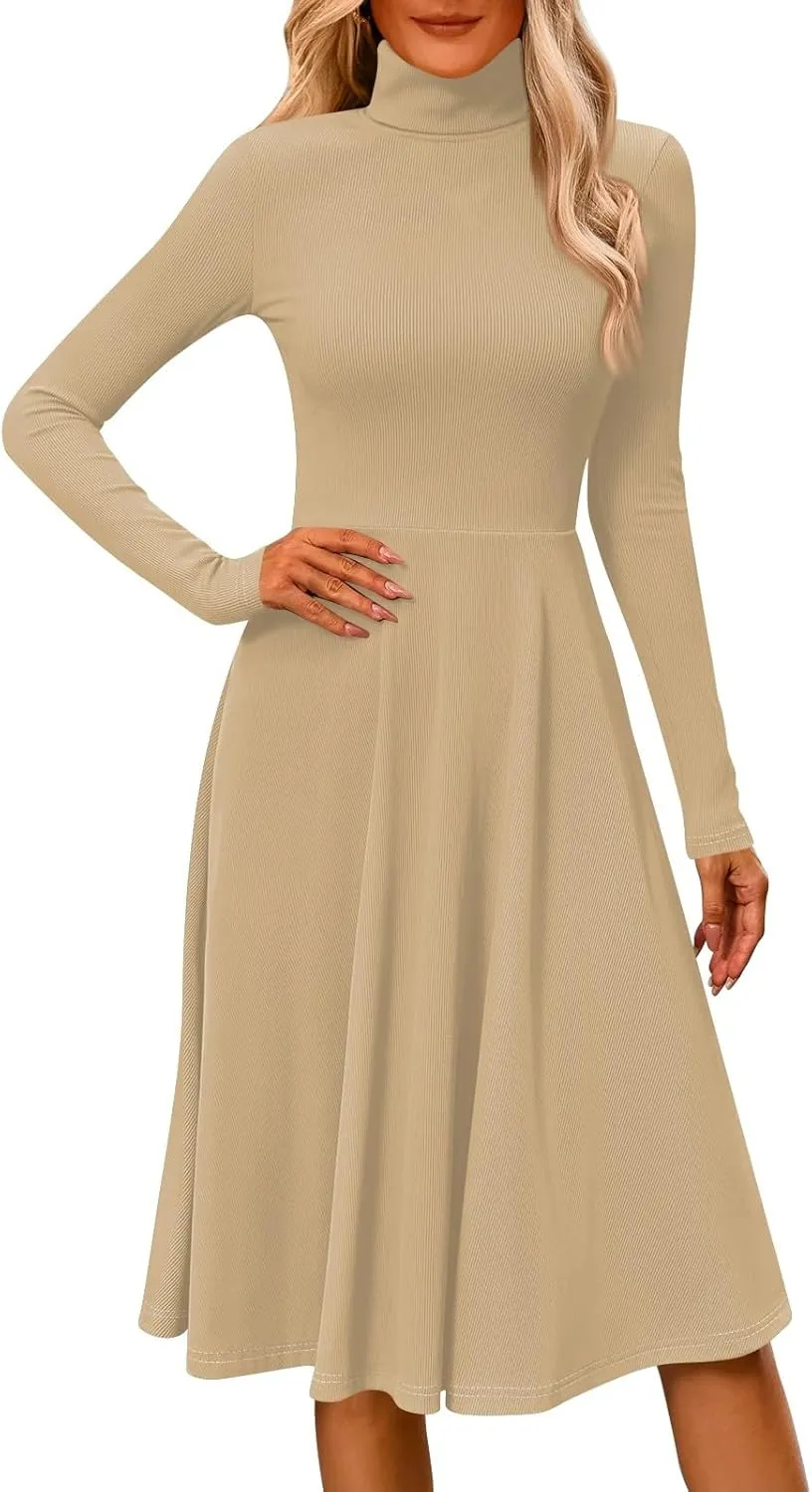 Womens Long Sleeve Turtleneck Sweater Dress Elegant Formal Flowy A Line Midi Dress Trendy Plus Size Cute Knit Dress