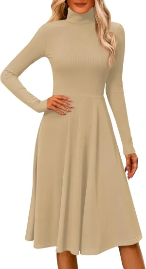 Womens Long Sleeve Turtleneck Sweater Dress Elegant Formal Flowy A Line Midi Dress Trendy Plus Size Cute Knit Dress