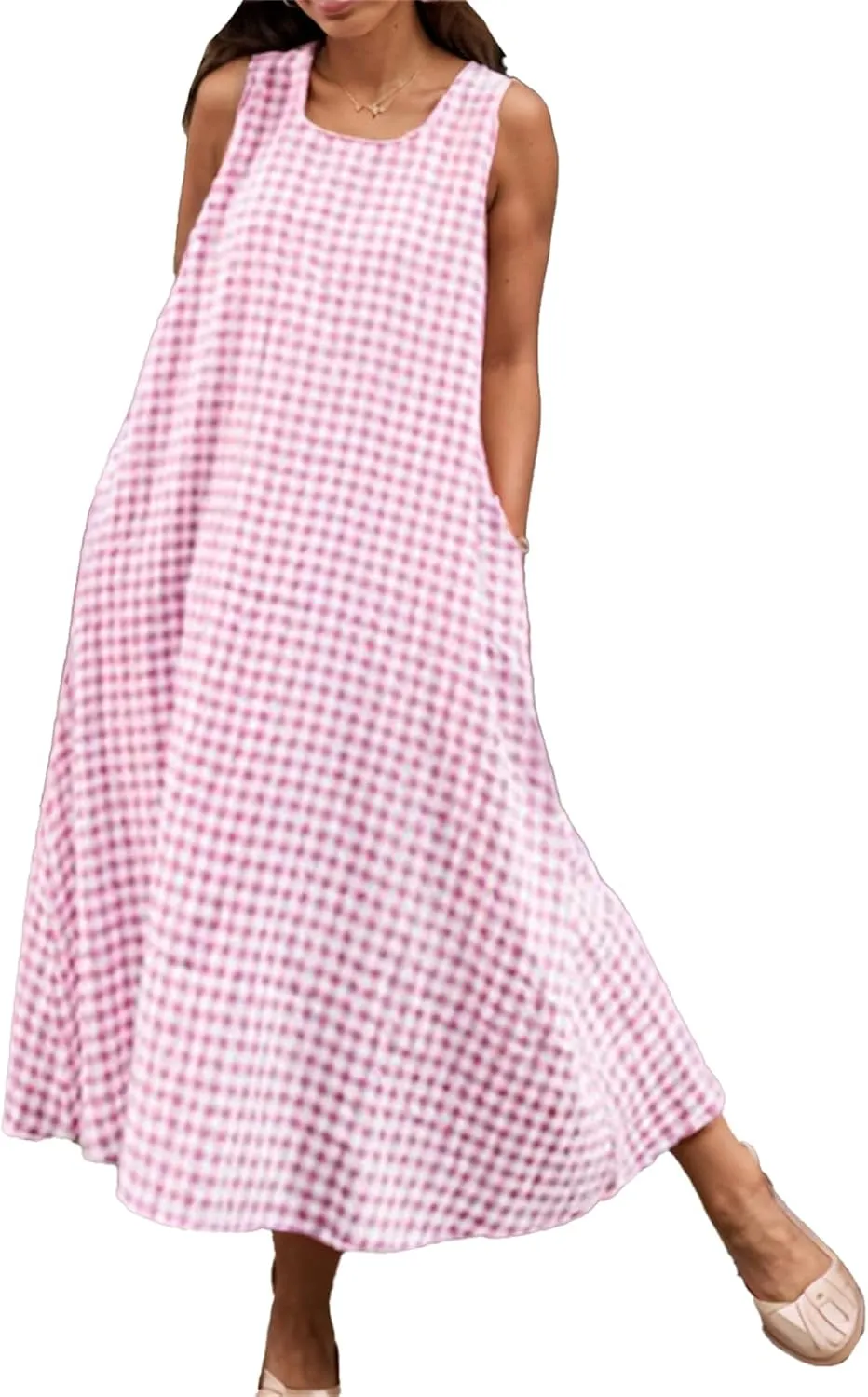 Women's Maxi Casual Cotton Linen Gingham Tank Dress Flowy Swing Loose Dresses Summer Beach Vacation Long Sundresses for Women