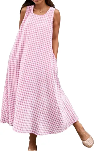 Women's Maxi Casual Cotton Linen Gingham Tank Dress Flowy Swing Loose Dresses Summer Beach Vacation Long Sundresses for Women