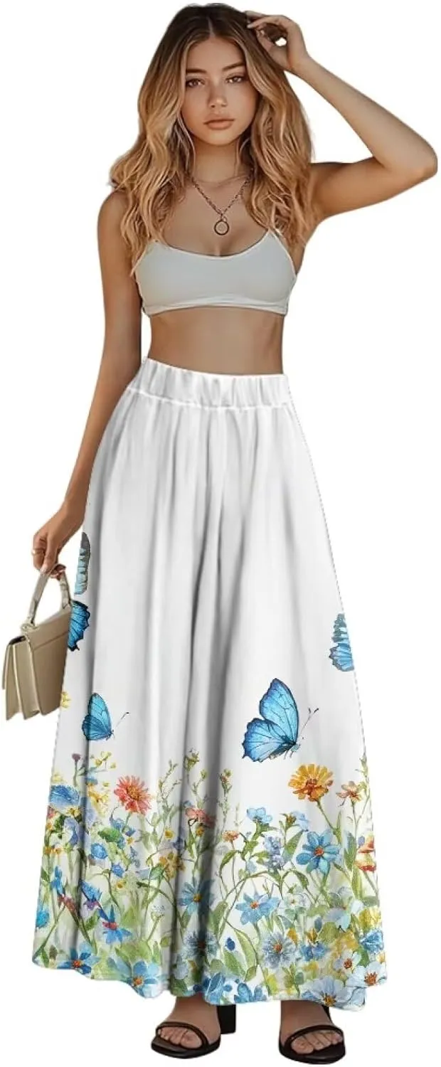 Women's Midi Skirt with Pockets Elastic Waist Flowy Ruffle Casual Summer Boho A-line Skirts Size S-2XL