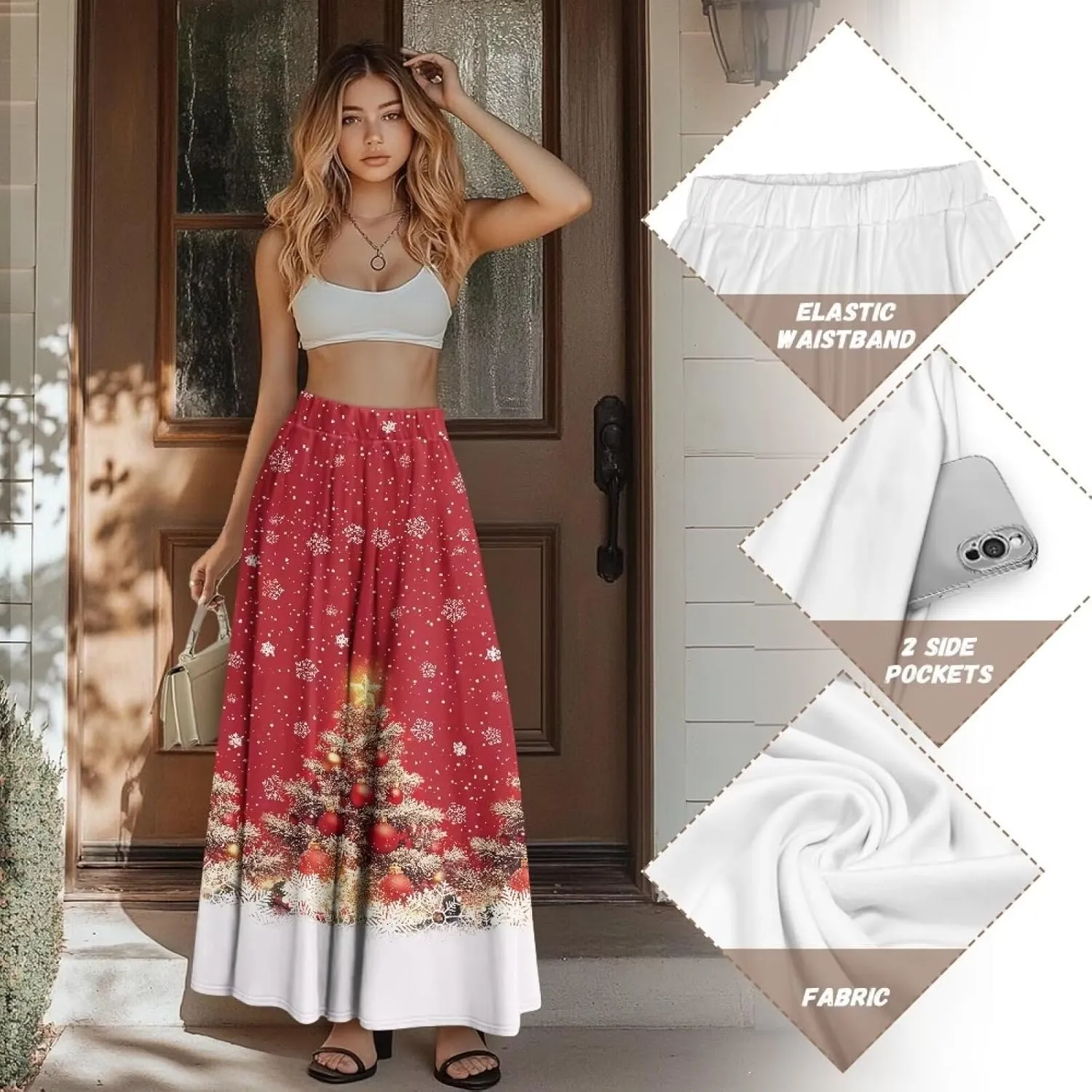 Women's Midi Skirt with Pockets Elastic Waist Flowy Ruffle Casual Summer Boho A-line Skirts Size S-2XL