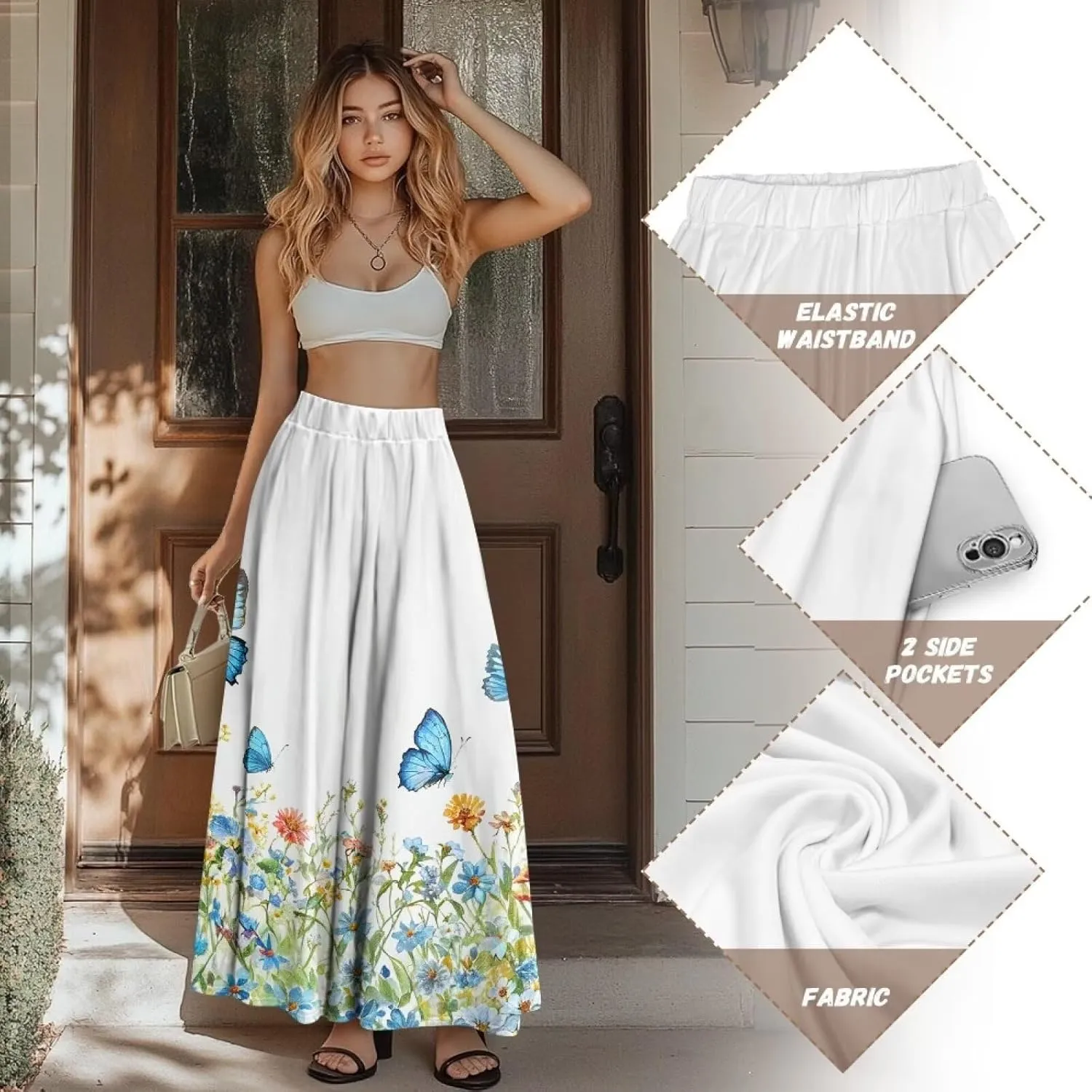 Women's Midi Skirt with Pockets Elastic Waist Flowy Ruffle Casual Summer Boho A-line Skirts Size S-2XL