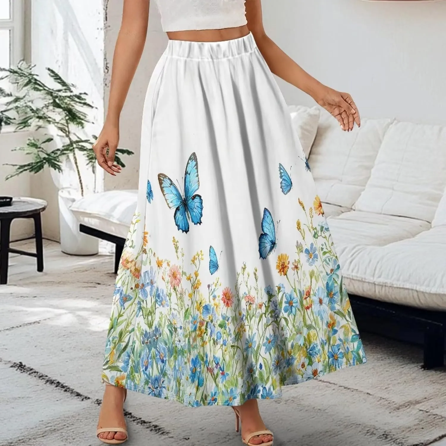 Women's Midi Skirt with Pockets Elastic Waist Flowy Ruffle Casual Summer Boho A-line Skirts Size S-2XL