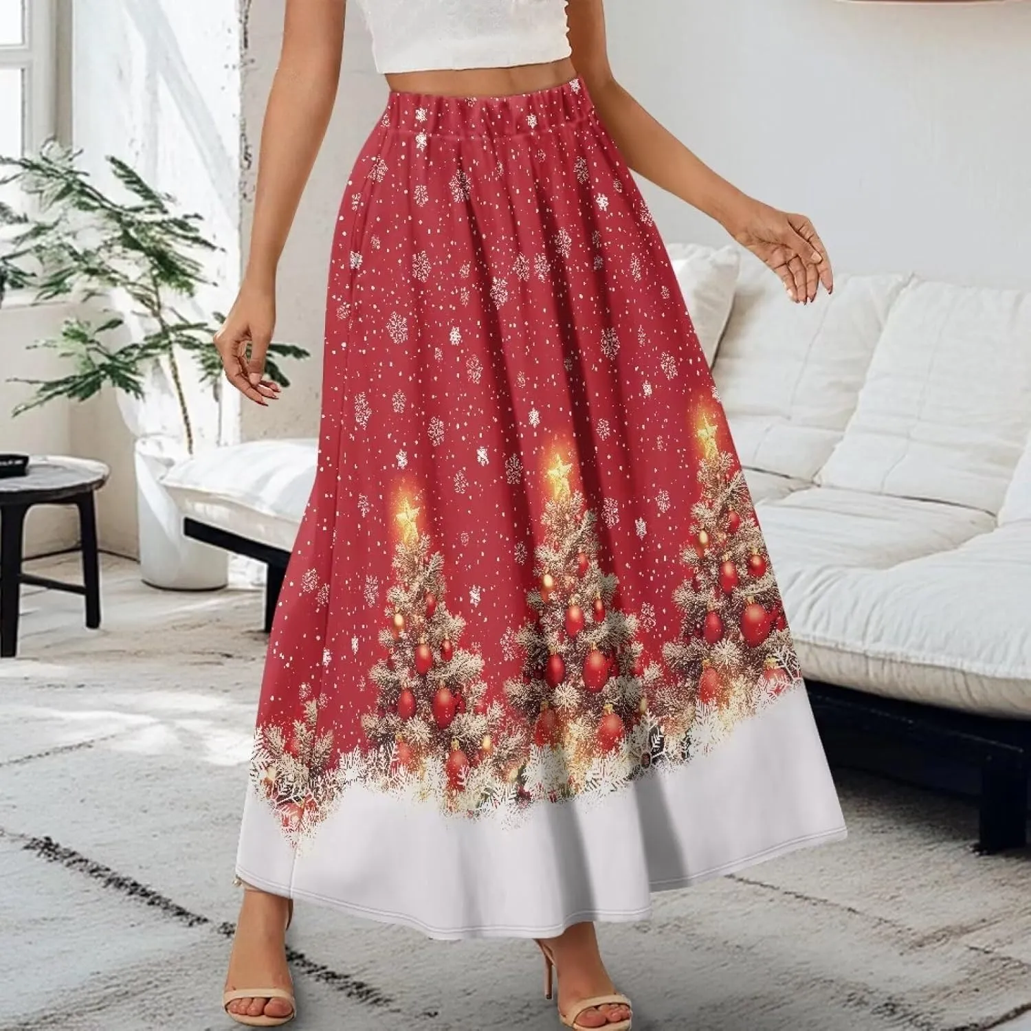 Women's Midi Skirt with Pockets Elastic Waist Flowy Ruffle Casual Summer Boho A-line Skirts Size S-2XL