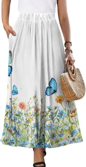 Women's Midi Skirt with Pockets Elastic Waist Flowy Ruffle Casual Summer Boho A-line Skirts Size S-2XL