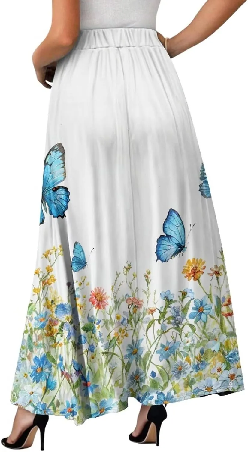 Women's Midi Skirt with Pockets Elastic Waist Flowy Ruffle Casual Summer Boho A-line Skirts Size S-2XL