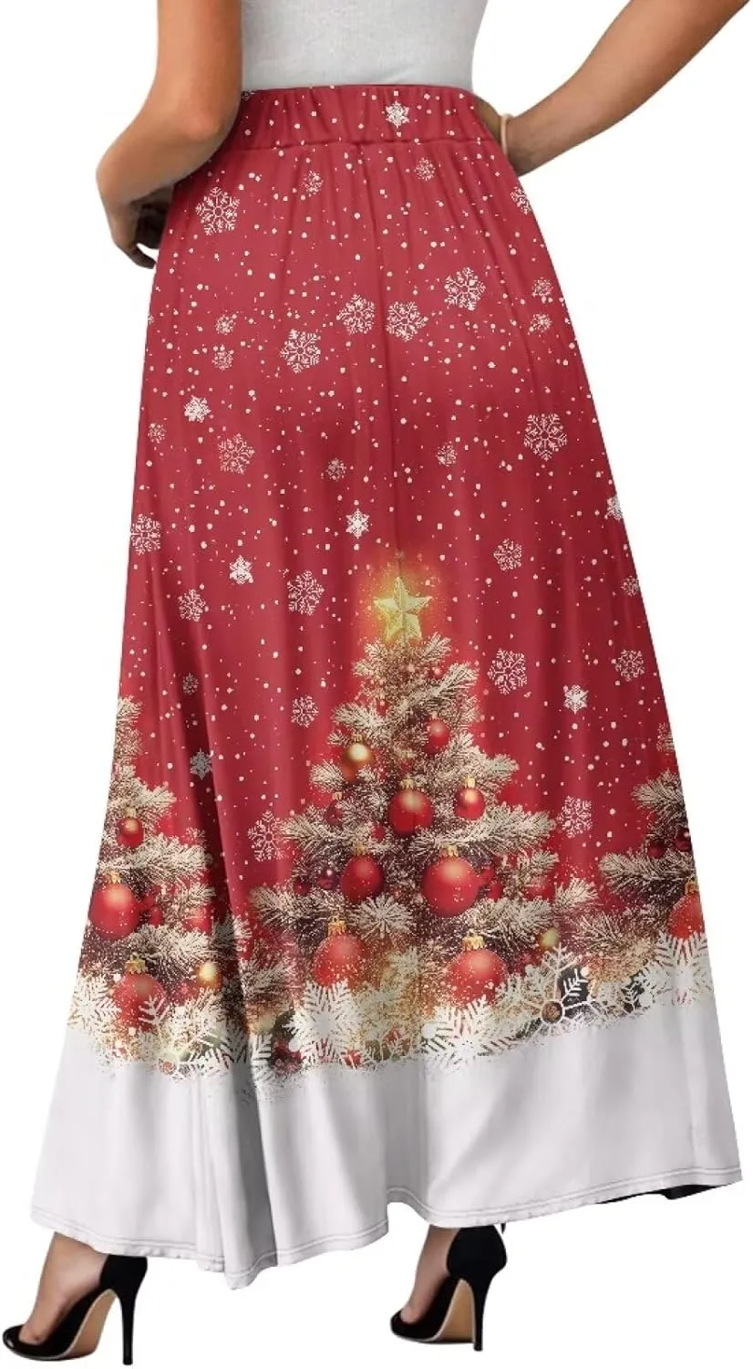Women's Midi Skirt with Pockets Elastic Waist Flowy Ruffle Casual Summer Boho A-line Skirts Size S-2XL