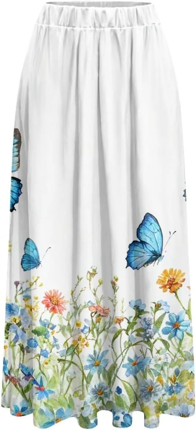 Women's Midi Skirt with Pockets Elastic Waist Flowy Ruffle Casual Summer Boho A-line Skirts Size S-2XL