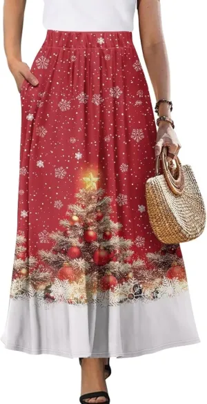 Women's Midi Skirt with Pockets Elastic Waist Flowy Ruffle Casual Summer Boho A-line Skirts Size S-2XL