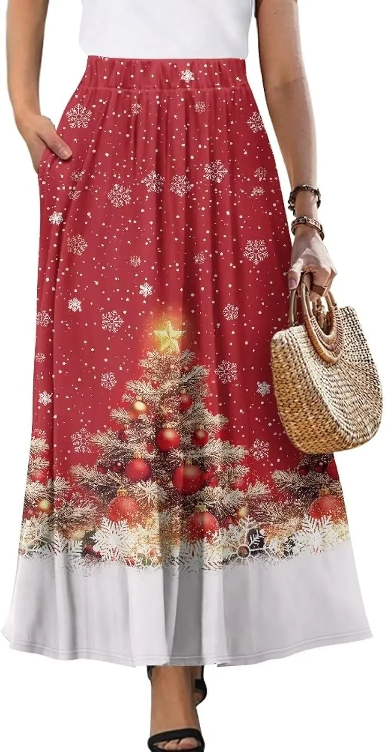 Women's Midi Skirt with Pockets Elastic Waist Flowy Ruffle Casual Summer Boho A-line Skirts Size S-2XL
