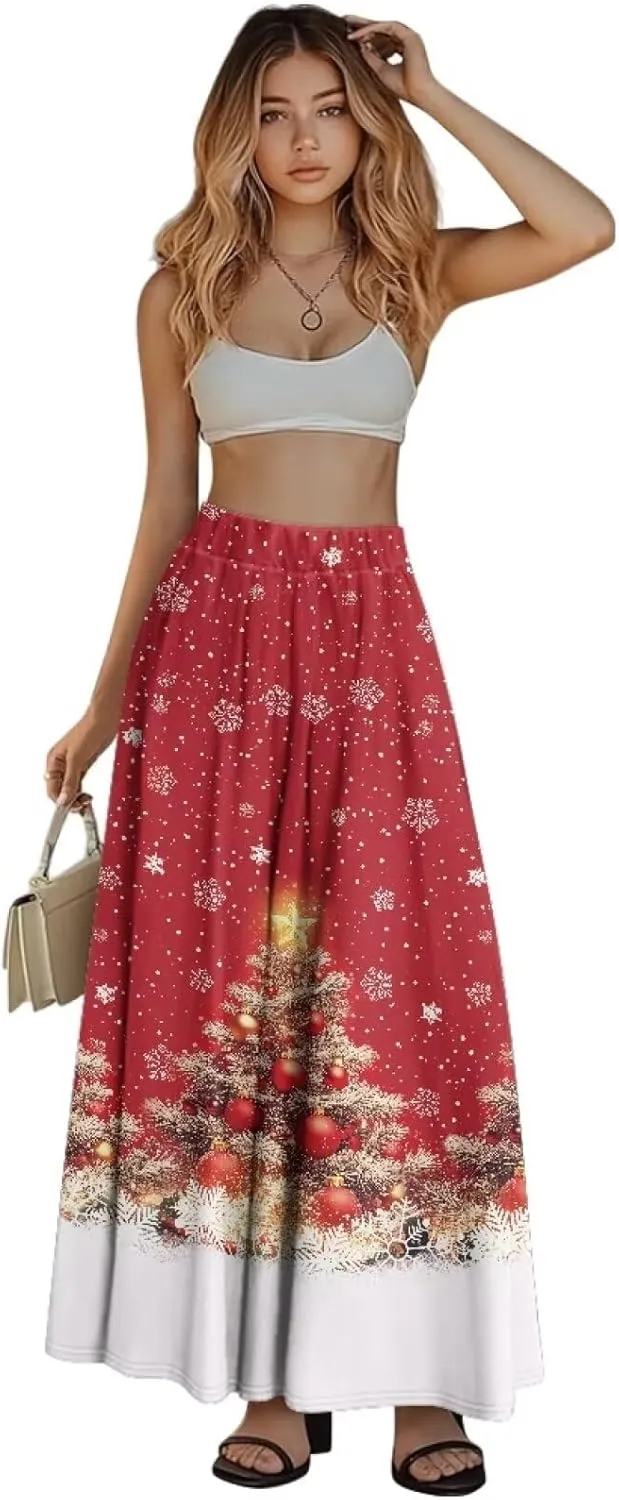 Women's Midi Skirt with Pockets Elastic Waist Flowy Ruffle Casual Summer Boho A-line Skirts Size S-2XL