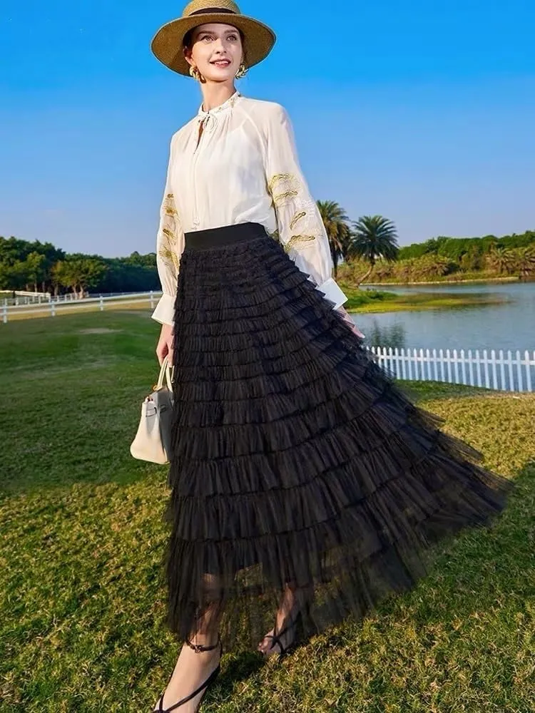Women's Multi-Layer Pleated Chiffon Skirt with Pleated High Waisted Fluffy Long Skirt Layered Fashionable Party Skirt