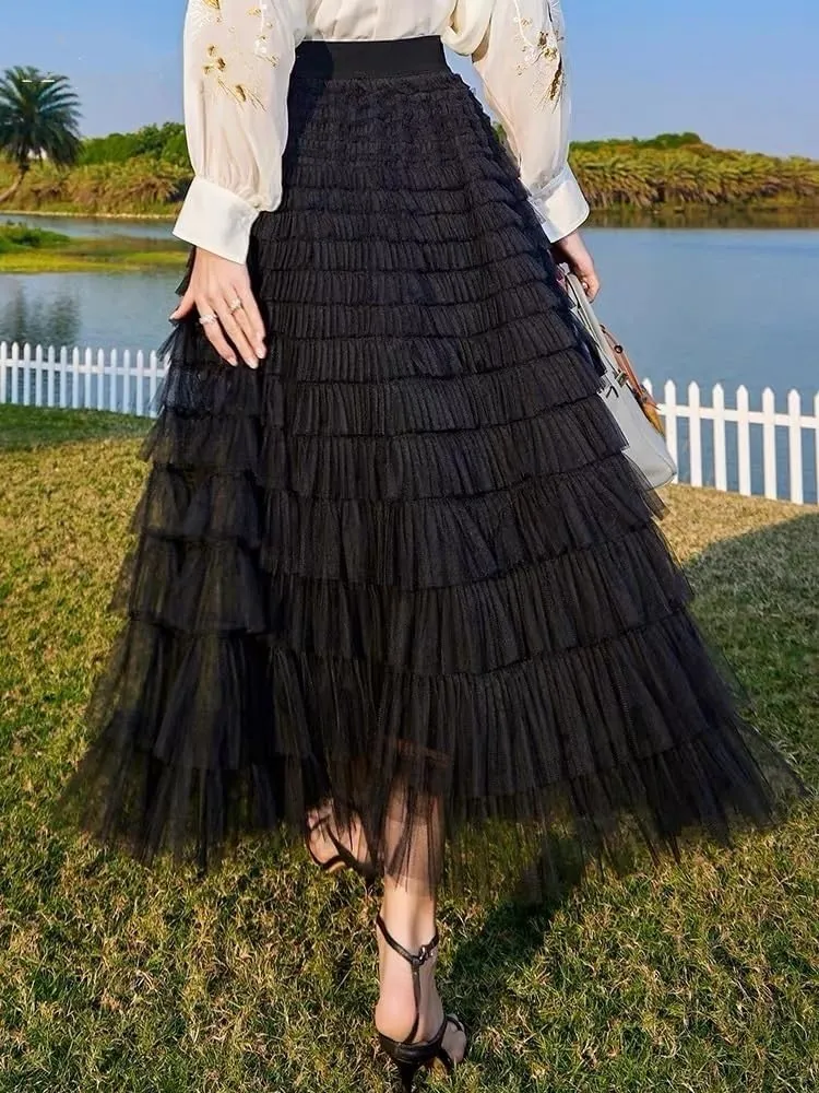 Women's Multi-Layer Pleated Chiffon Skirt with Pleated High Waisted Fluffy Long Skirt Layered Fashionable Party Skirt