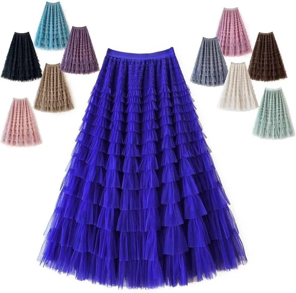 Women's Multi-Layer Pleated Chiffon Skirt with Pleated High Waisted Fluffy Long Skirt Layered Fashionable Party Skirt
