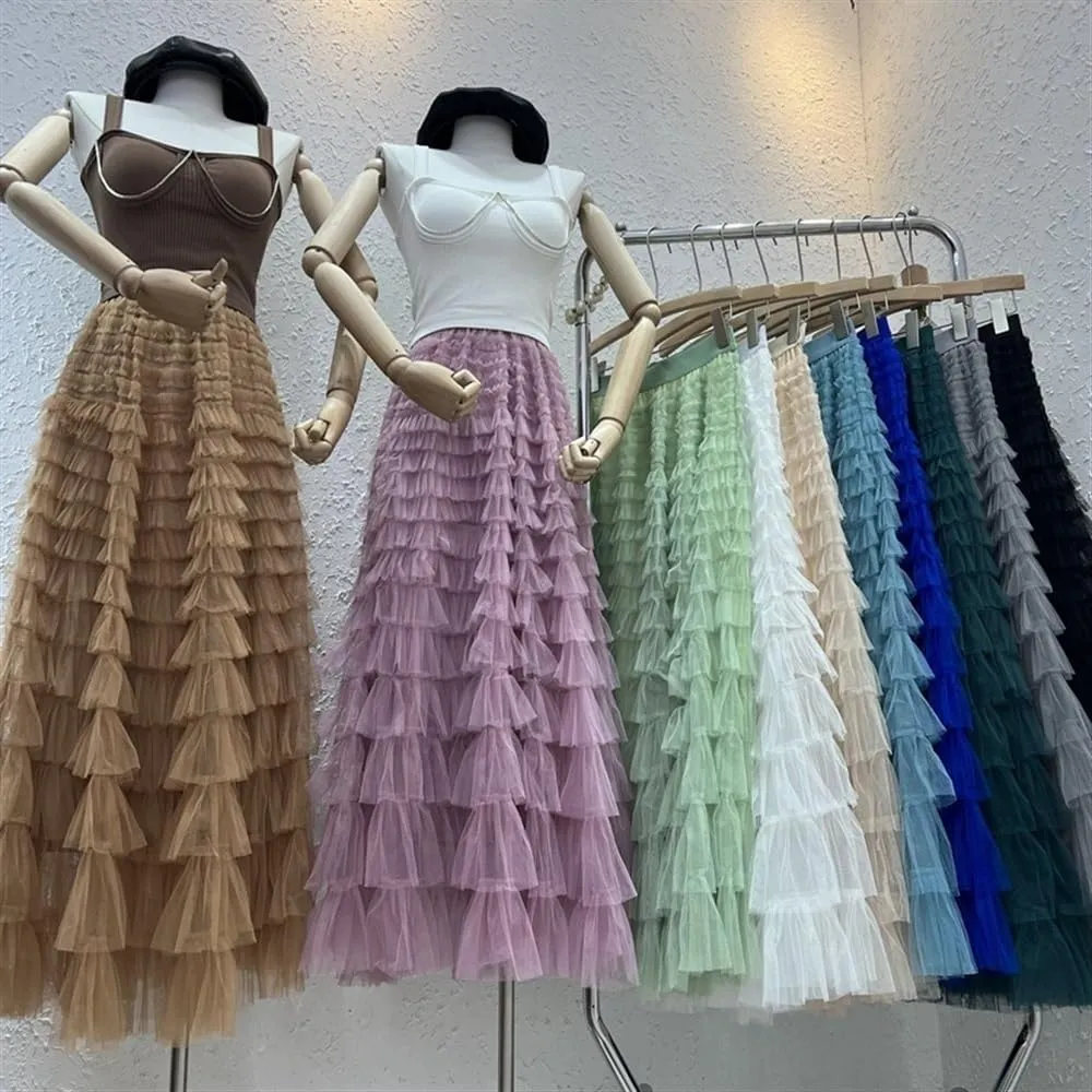Women's Multi-Layer Pleated Chiffon Skirt with Pleated High Waisted Fluffy Long Skirt Layered Fashionable Party Skirt