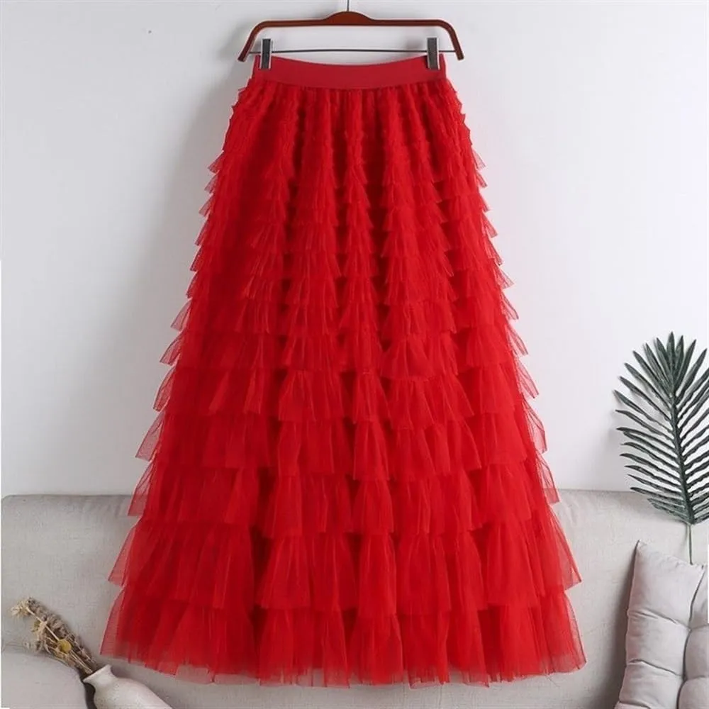 Women's Multi-Layer Pleated Chiffon Skirt with Pleated High Waisted Fluffy Long Skirt Layered Fashionable Party Skirt