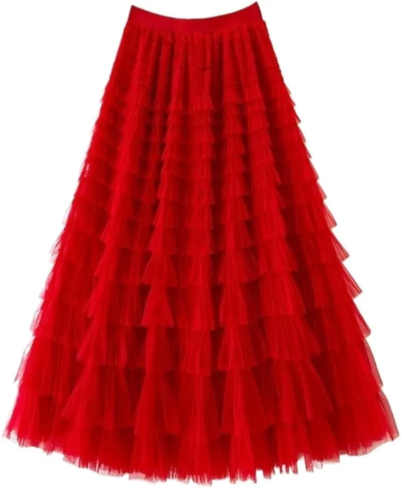 Women's Multi-Layer Pleated Chiffon Skirt with Pleated High Waisted Fluffy Long Skirt Layered Fashionable Party Skirt