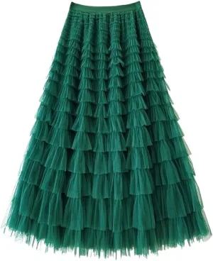 Women's Multi-Layer Pleated Chiffon Skirt with Pleated High Waisted Fluffy Long Skirt Layered Fashionable Party Skirt