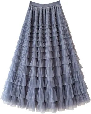Women's Multi-Layer Pleated Chiffon Skirt with Pleated High Waisted Fluffy Long Skirt Layered Fashionable Party Skirt