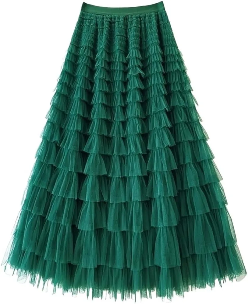 Women's Multi-Layer Pleated Chiffon Skirt with Pleated High Waisted Fluffy Long Skirt Layered Fashionable Party Skirt