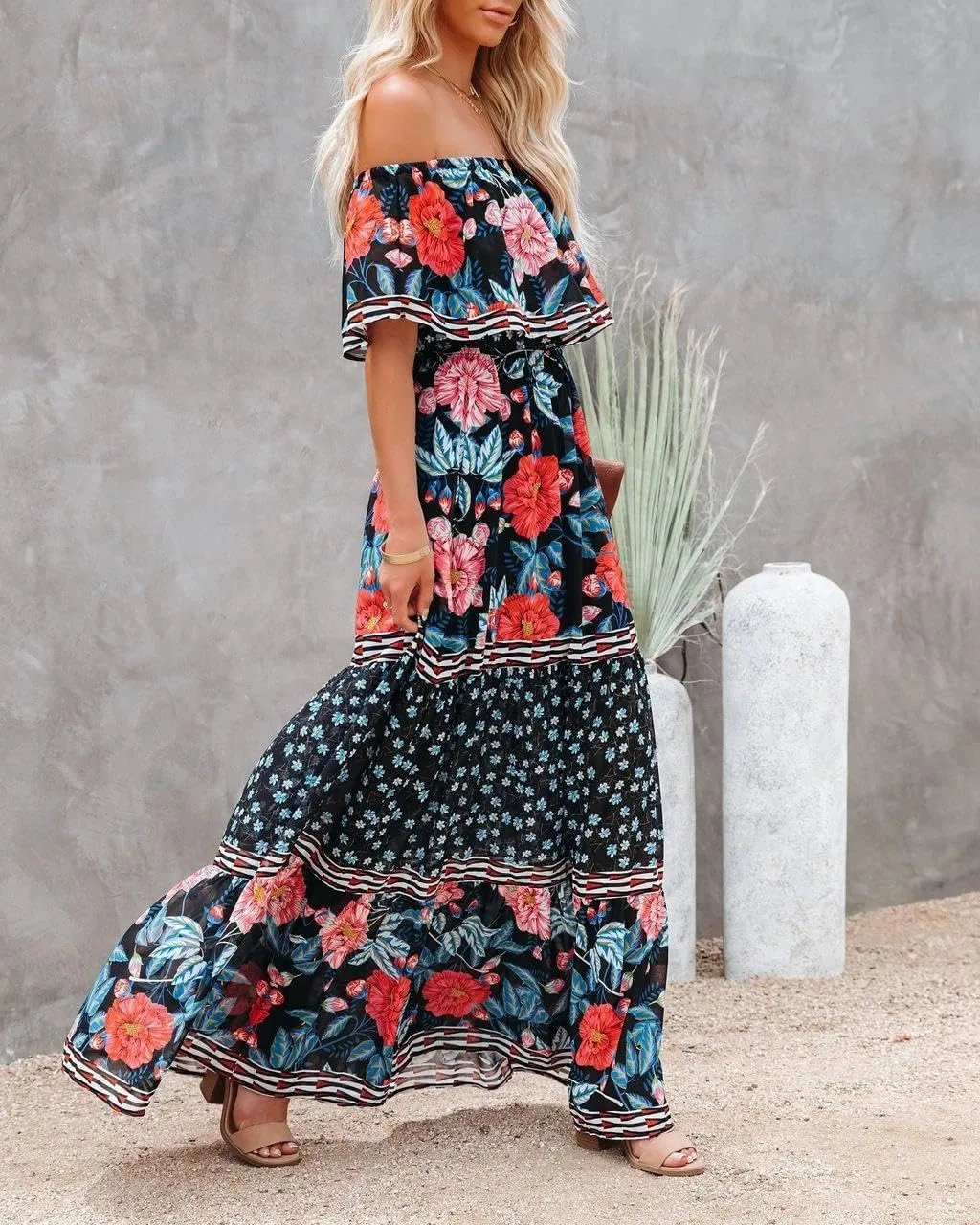 Womens Off Shoulder Boho Floral Maxi Dress 2025 Belted Cinched Waist A-line Dresses Summer Vacation Beach Outfits for Women