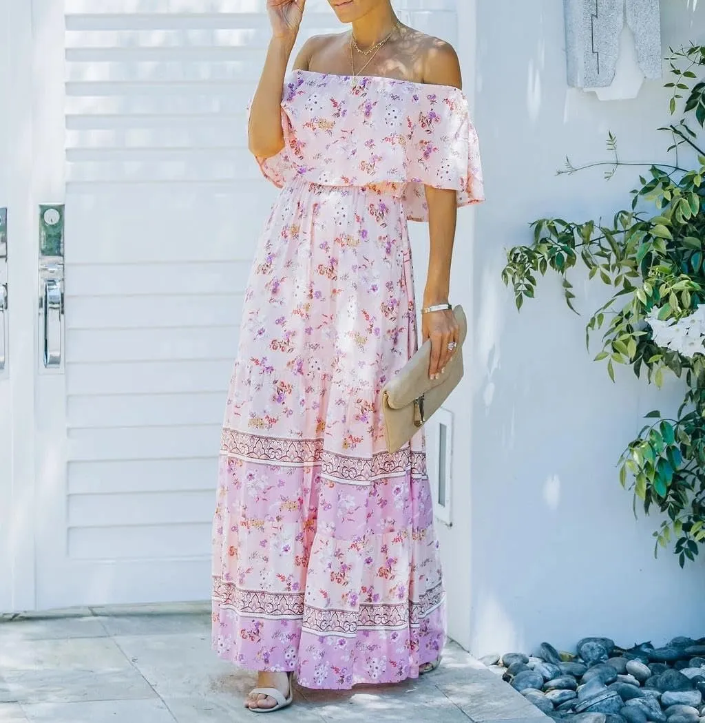Womens Off Shoulder Boho Floral Maxi Dress 2025 Belted Cinched Waist A-line Dresses Summer Vacation Beach Outfits for Women