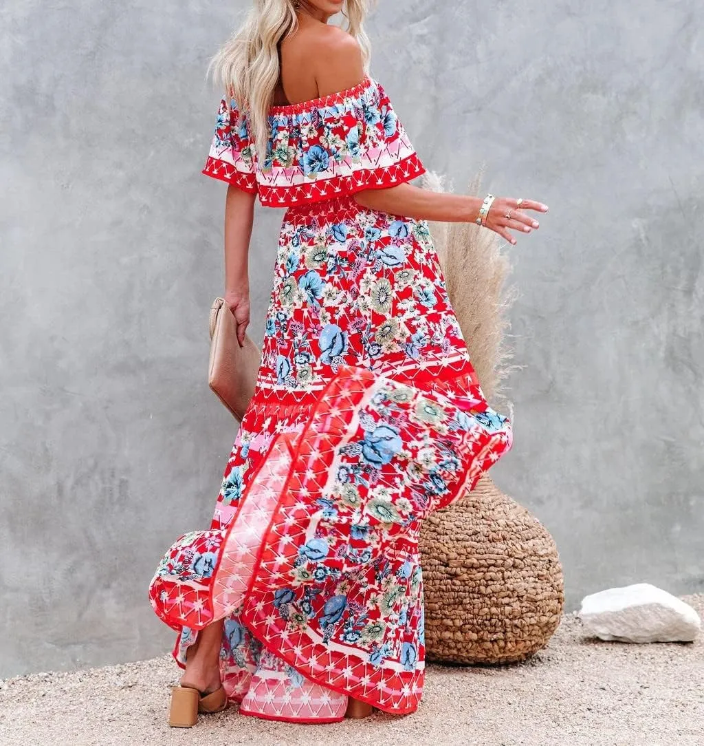 Womens Off Shoulder Boho Floral Maxi Dress 2025 Belted Cinched Waist A-line Dresses Summer Vacation Beach Outfits for Women