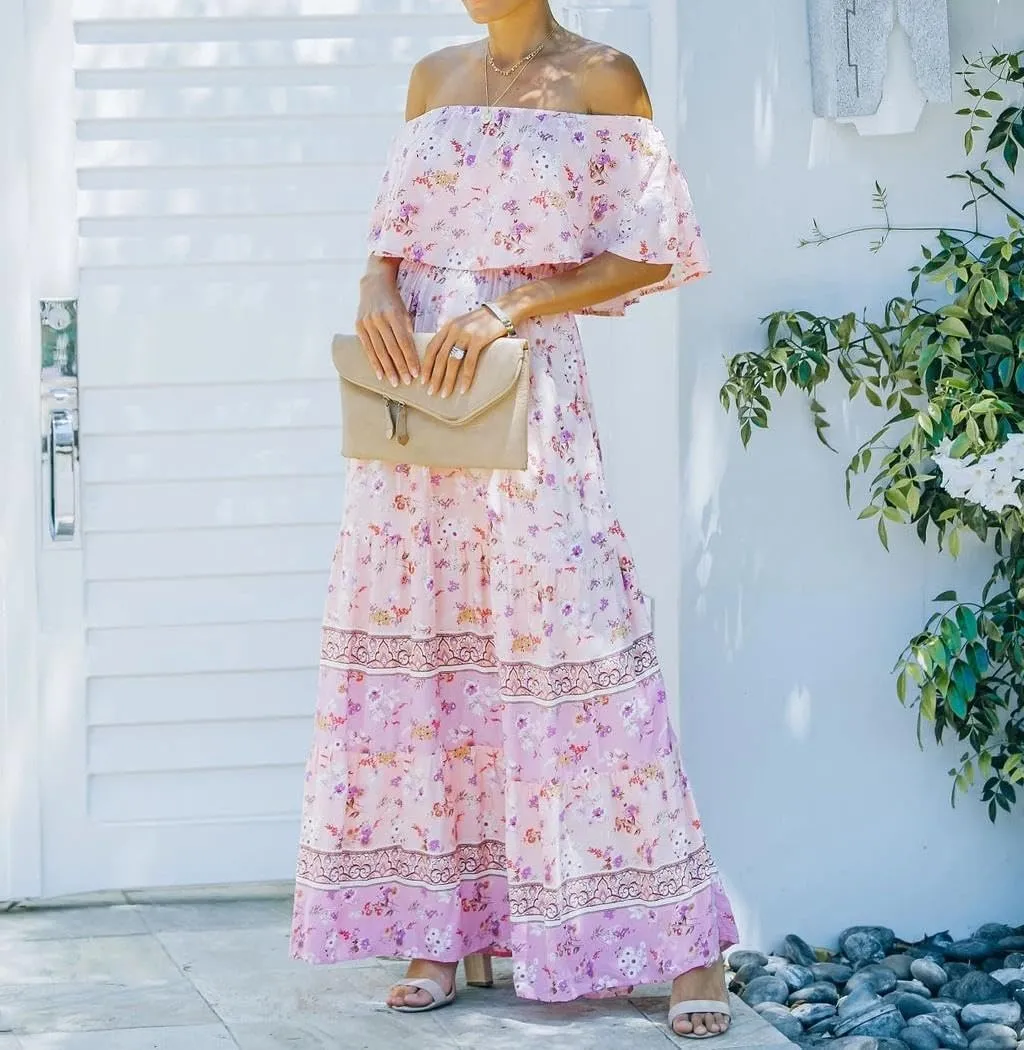 Womens Off Shoulder Boho Floral Maxi Dress 2025 Belted Cinched Waist A-line Dresses Summer Vacation Beach Outfits for Women