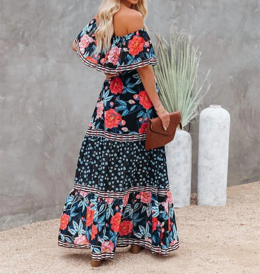 Womens Off Shoulder Boho Floral Maxi Dress 2025 Belted Cinched Waist A-line Dresses Summer Vacation Beach Outfits for Women