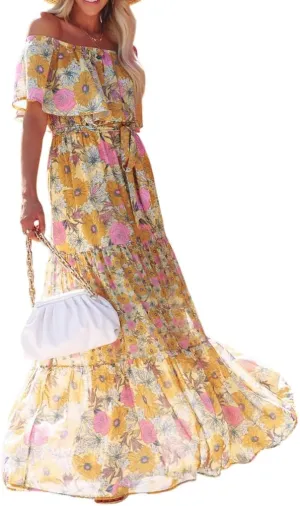 Womens Off Shoulder Boho Floral Maxi Dress 2025 Belted Cinched Waist A-line Dresses Summer Vacation Beach Outfits for Women